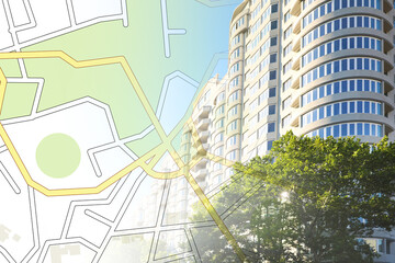 Double exposure of cadastral map and building