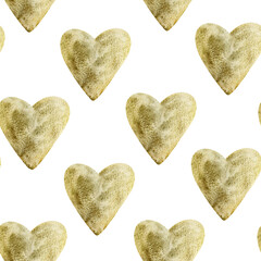 Golden watercolor heart seamless pattern. Template for decorating designs and illustrations.