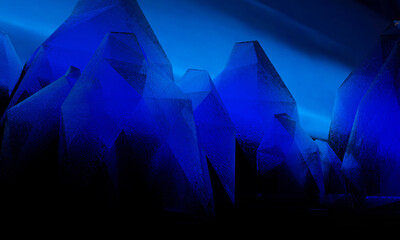 Abstract three-dimensional scene with dark blue crystal shapes