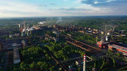 Factory metal steel drone aerial video shot smoke chimneys black processing hot, smog city Ostrava, dust air dron refinery calamity situation quick streaming emissions health smoking pollution ecology