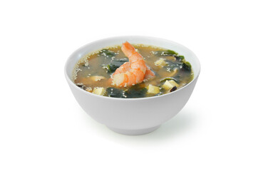 miso soup with unagi shrimp. isolated on white background