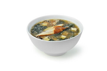 Asian soup in a cup isolated on white background. miso soup with unagi
