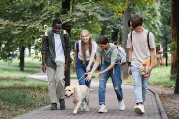 Interracial teenagers with backpacks looking at retriever in park