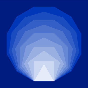 Blue convex regular polygons, placed inside each other. Equiangular and equilateral polygons with the same line segment length, from a triangle to a dodecagon, showing Mach bands, an optical illusion.