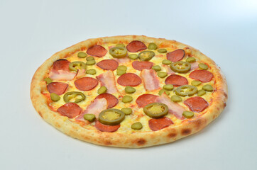 assorted meat pizza with ham onion and tomato cheese top view spicy chili pizza diablo