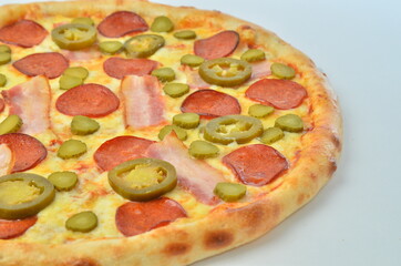 pizza with salami, sliced meat, tomato and olives. on white background. top view