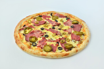 pizza with salami tomato and olives. on white background