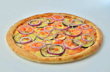 classic pizza with cheese, vegetables onion and tomato closeup view