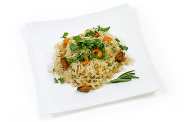 Risotto with seafood on square dish on a white background