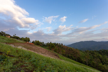 agricultural landscape of hill tribes green grass evening sky On top of a hill in Chiang Mai, Thailand. Background image. There is space for the text above.