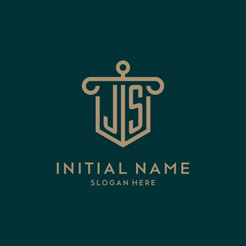 JS monogram initial logo design with shield and pillar shape style