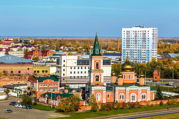 Top view of the city of Barnaul and the Znamensky convent. Barnaul, Russia