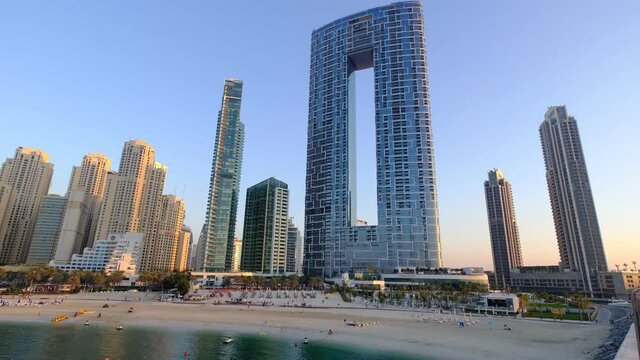 Dubai, UAE 25 February, 2021: Marina JBR Blue Waters Ain Boat Beach Holidays Arab Yacht Cruise Evening City Life