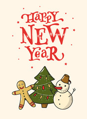 Fototapeta na wymiar cute lettering quote 'Happy new year' decorated with doodles for posters, prints, greeting cards, invitations, etc. 