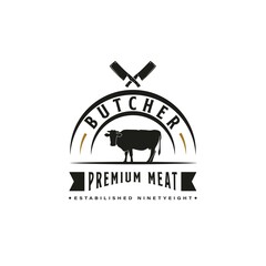 Vintage Retro Butcher Shop Logo Design. With crossed cleavers or knife and cow icons. Premium and luxury logo