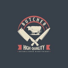 Vintage Retro Butcher Shop Logo Design. With crossed cleavers or knives, goat or sheep, and cow icons. Premium and luxury logo