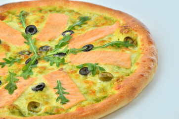 pizza with seafood on white background closeup