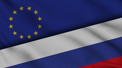 European Union and Russia Flags Together, Wavy Fabric, Breaking News, Political Diplomacy Crisis Concept, 3D Illustration