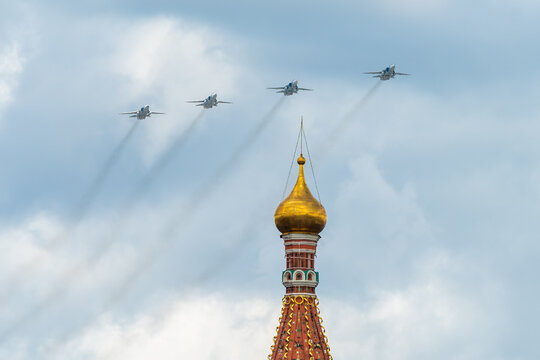 May 7, 2021, Moscow, Russia. Russian front-line Su-24 bombers over Red Square in Moscow.