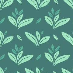 Vector seamless pattern with leaves, repeatable minimalistic background. Repeatable botanical backdrop. Green geometric tea leaves motif.