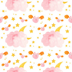 Kids Halloween seamless pattern with pink bat and moon behind the clouds.  Cute childish digital scrapbooking paper on white background.