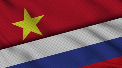 Vietnam and Russia Flags Together, Wavy Fabric, Breaking News, Political Diplomacy Crisis Concept, 3D Illustration