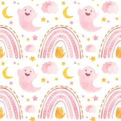 Sierkussen Baby Halloween naadloos patroon met roze regenbogen, spoken en mollige gemberkatten. Schattig kinderachtig digitaal scrapbooking papier op witte achtergrond. © Nizova Tina