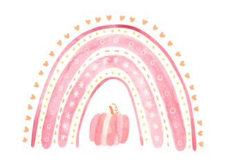 Pink Halloween rainbow with pumpkin. Cute watercolor illustration for kids Halloween.