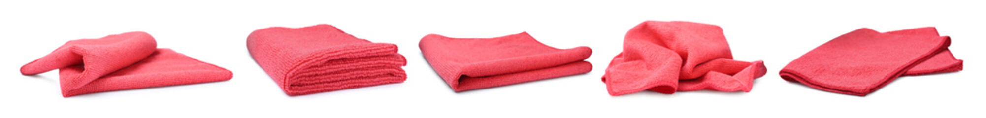 Set with red microfiber cloths on white background. Banner design