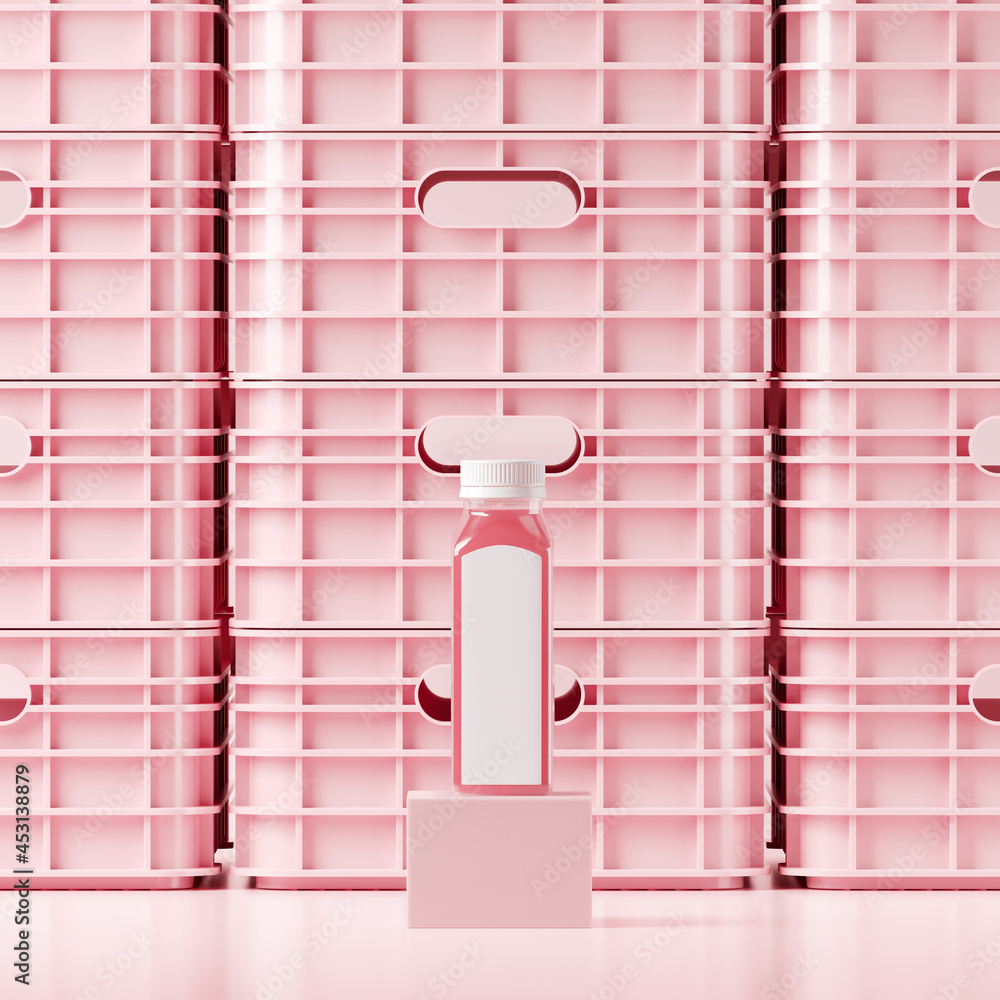 Poster minimal mockup background for product presentation. organic juice bottle on pink plastic fruit crate