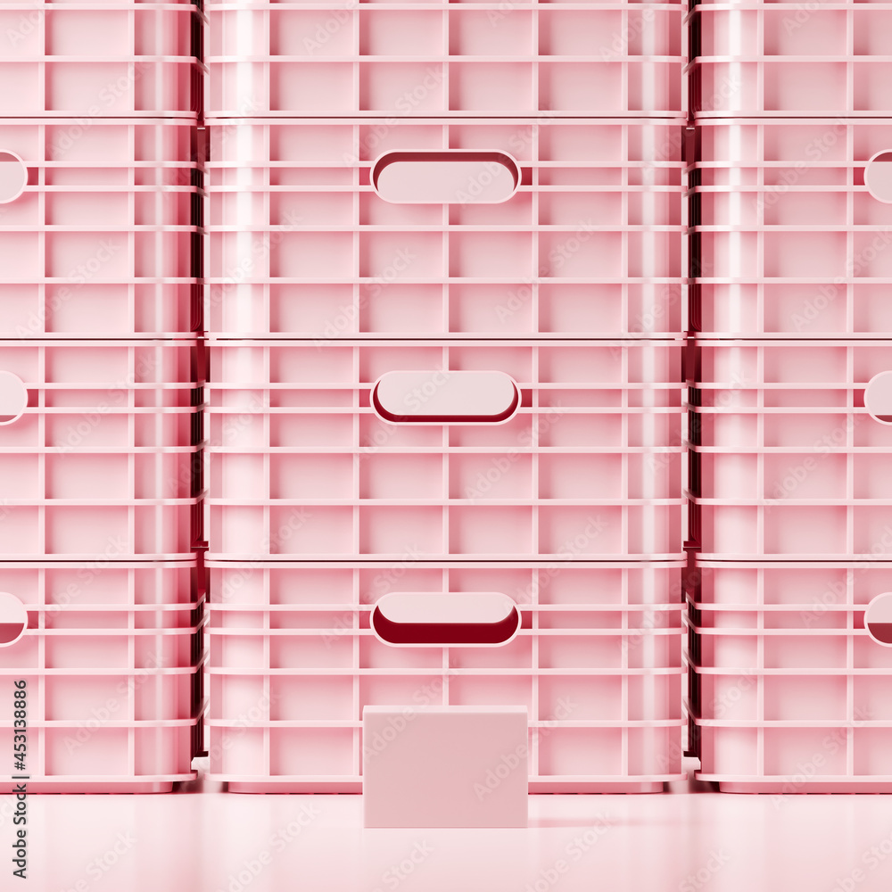 Poster minimal mockup background for product presentation. organic juice bottle on pink plastic fruit crate