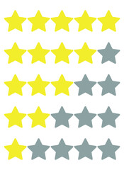 Stars yellow and gray trending colors 2021 isolated on white background. Rating of sites, hotels, travel packages, online stores, reviews. Vector.