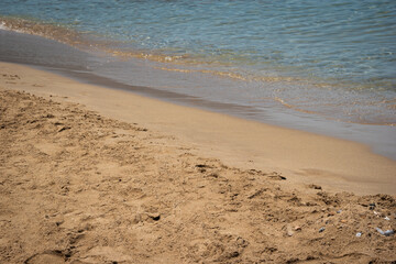 View of an empty tropical sand beach with aquamarine water