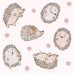 Vector Hand Drawn Watercolor  Hedgehog Line Drawing Seamless Pattern in Pink Background.