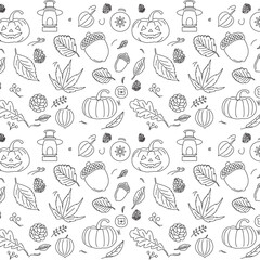 Autumn vector background line art natural straight pattern with autumn leaves, oak, lantern, pumpkin, morel berry. doodle autumn background