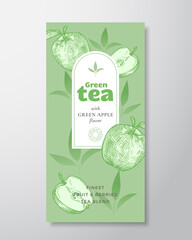 Fruit and Berries Tea Label Template. Abstract Vector Packaging Design Layout with Realistic Shadows. Hand Drawn Apple with Half and Leaves Decor Silhouettes Background. Isolated