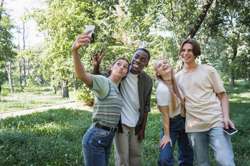 Positive interracial teenagers taking selfie in park