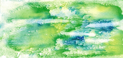 Abstract green yellow blue background. Watercolor background with copy space for design. Wide banner. Liquid, fluid, flow, water, splash, blend, mix, chaos.