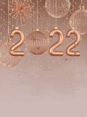 Christmas pastel holiday background, New year, hanging decoration numbers 2022, balls, serpentine, tinsel, 3d rendering, place for text