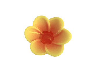 Fototapeta na wymiar Top view, Beautiful single yellow alamanda flower isolated on white background for design stock photo, floral blossom blooming, food sweets