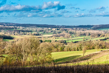 Fototapeta na wymiar View across to Chilham and Chilham castle from the Wye downs near Crundale, Ashford, Kent