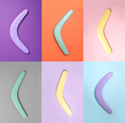 Collage with photos of boomerangs on different color backgrounds, top view
