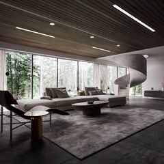 Modern interior design of living room with concrete staircase and beautiful nature view 3D...