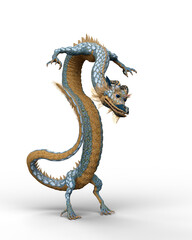 3D rendering of a Chinese dragon standing tall on hind legs isolated on a white background.