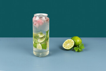 A bottle of flower tea drink is made of lemon and dried flowers