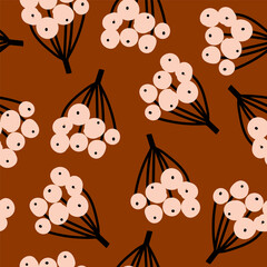 Modern hand drawn autumn pattern with abstract branches of  berries on brown background. Cute autumn print in childish style for fabric design, wallpaper, wrapping paper