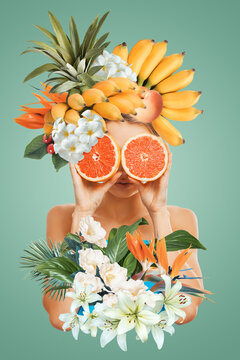 Fototapeta Abstract art collage of young woman with fruits and flowers