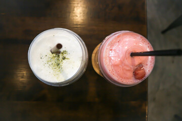 smoothie or strawberry yogurt smoothie and green tea, macha green tea