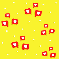 Seamless pattern. Social media icons. Red hearts, on a yellow background. Online communication, correspondence, messages. Design for notebooks, web sites, textiles. Online dating. Vector graphics.
