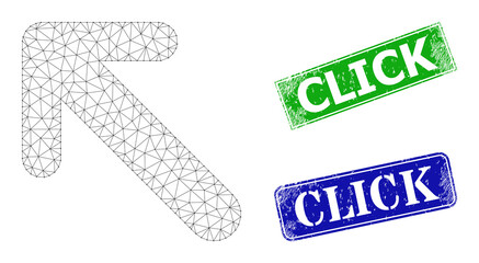 Mesh arrow up left image, and Click blue and green rectangle corroded seal prints. Mesh carcass illustration created from arrow up left pictogram. Stamp seals have Click text inside rectangle frame.